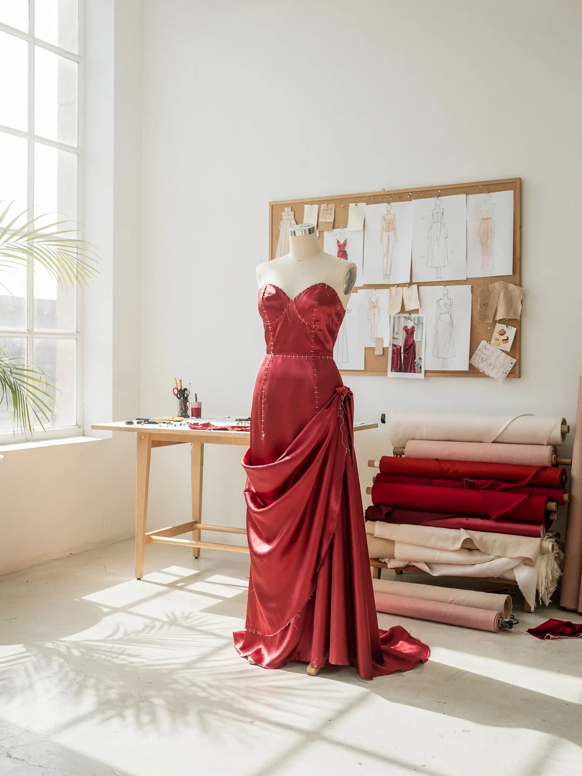 The atelier with a half-finished red gown on a dress form