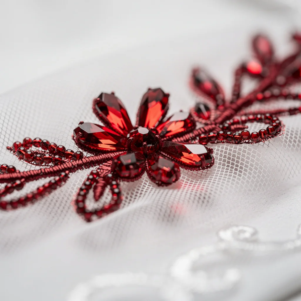 Red crystal beadwork on sheer white tulle