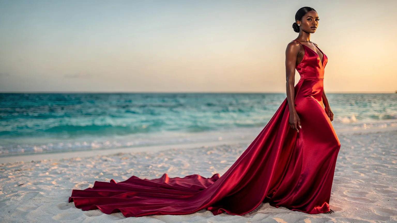 A woman in a rose-red gown with a long train on a white-sand beach