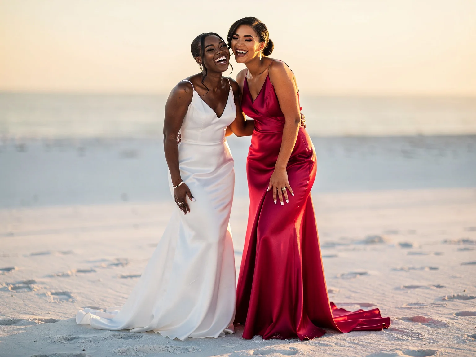 Two women in white and rose-red gowns laughing on a white-sand beach