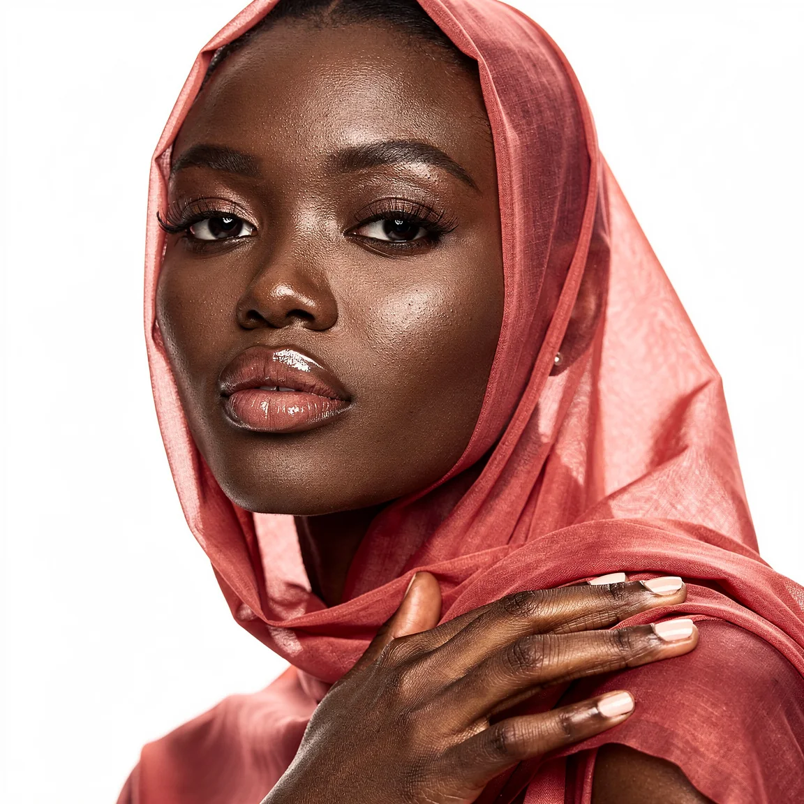 Beauty portrait with a sheer rose-red veil on white