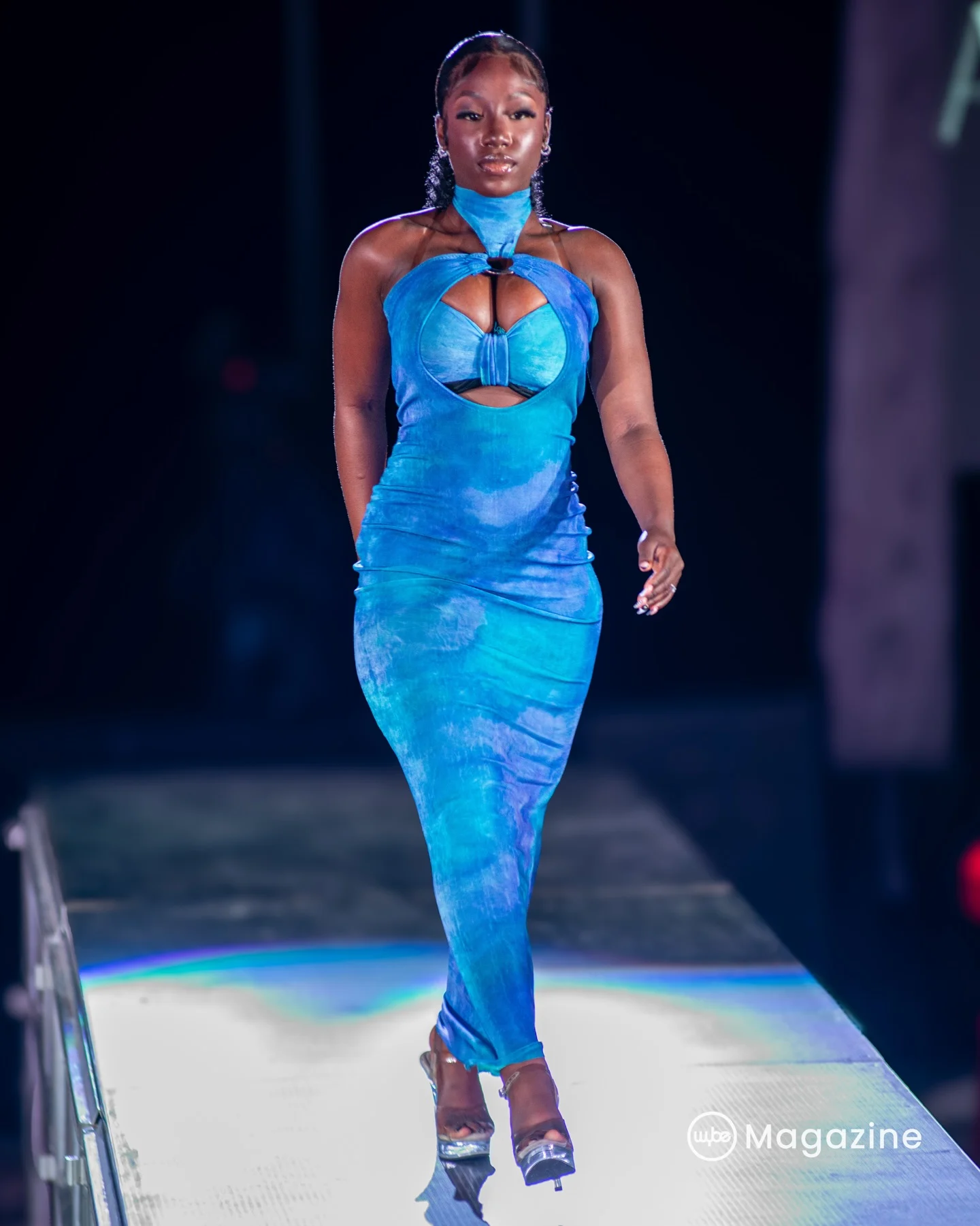 Blue tie-dye halter dress: A body-skimming maxi in shifting blues with a ring-detail halter and cut-out bodice.