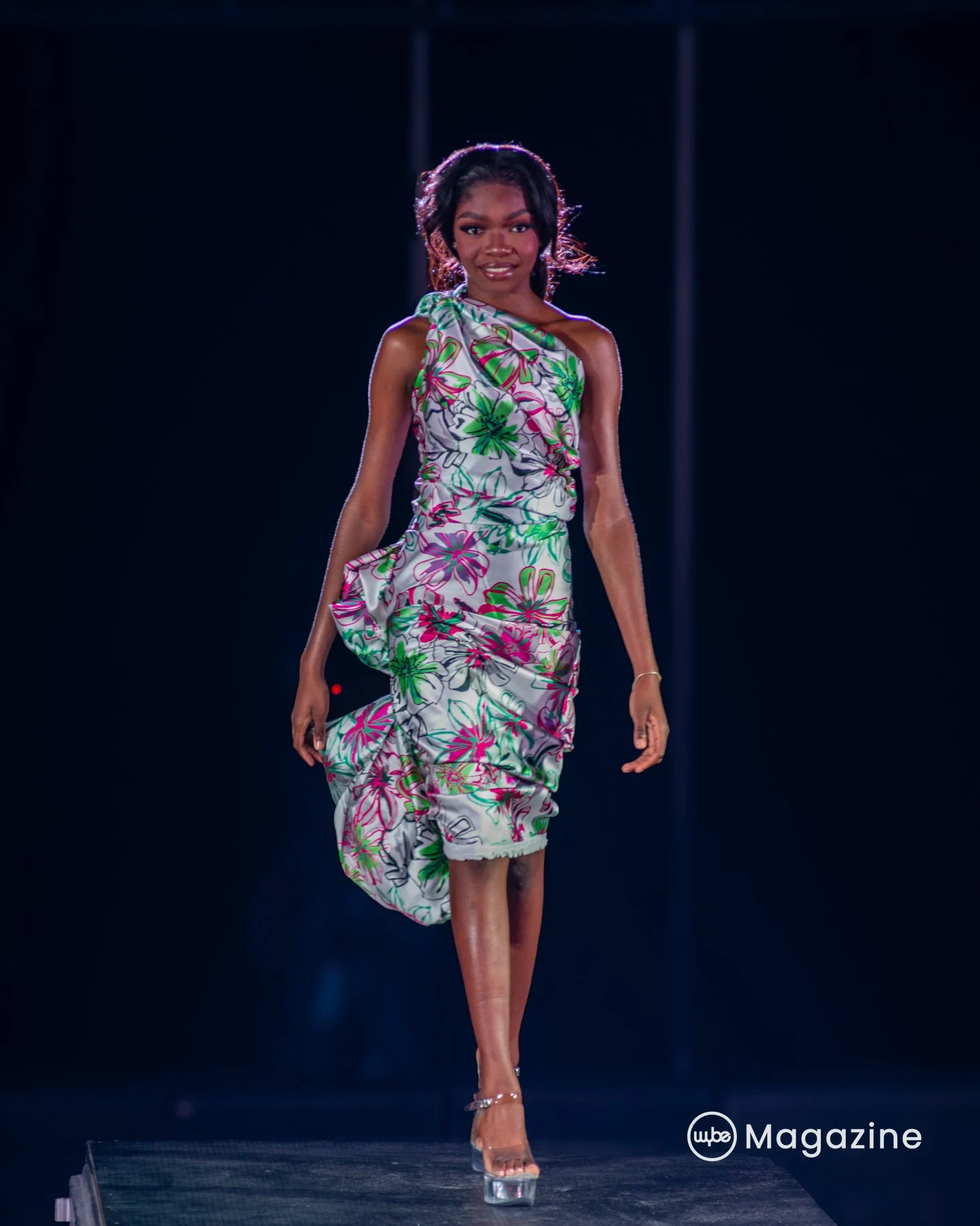 Botanical satin dress: A one-shoulder draped satin dress in a bold floral print.