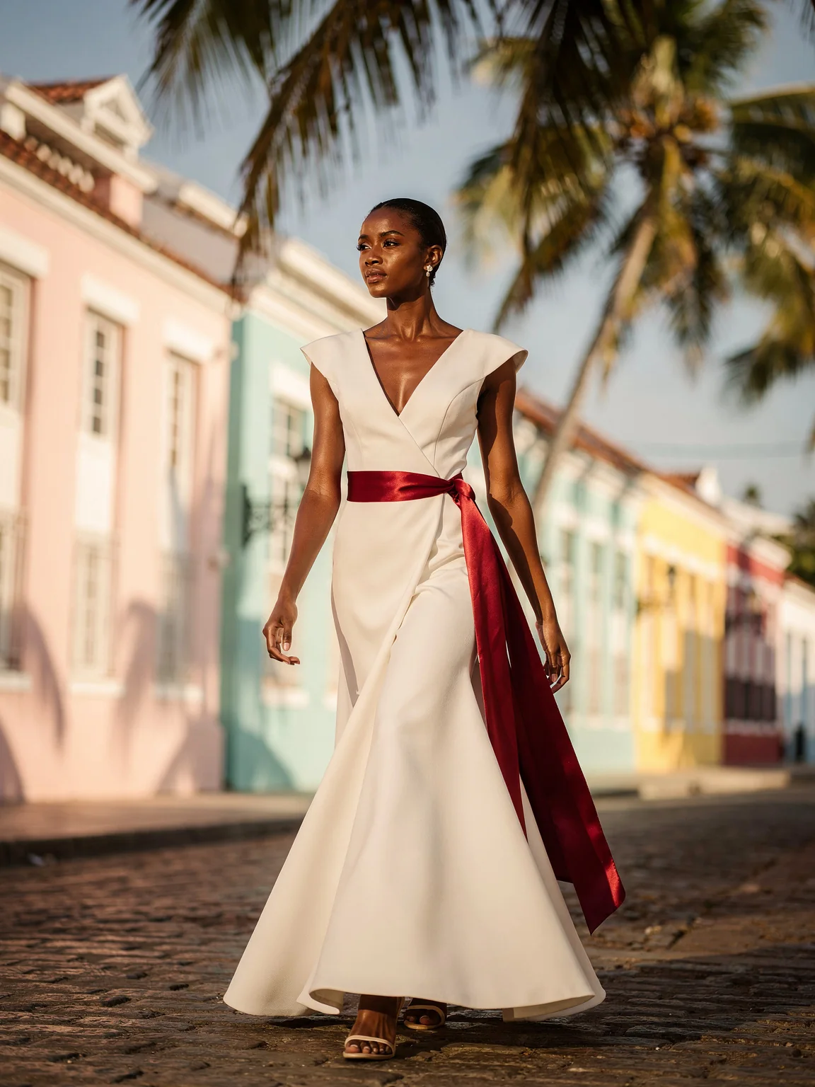 A caramel-skinned woman in a white couture gown with a rose-red sash on a pastel Bahamian street