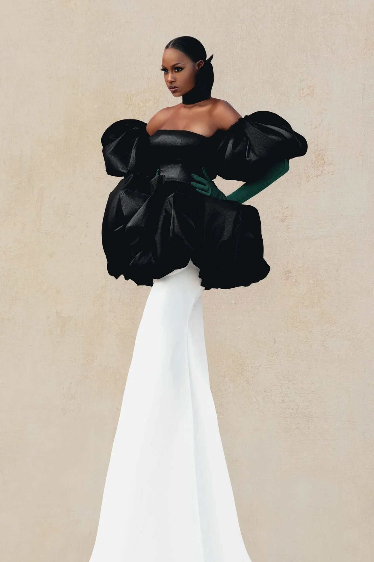 Midnight Elegance, a black sculptural gown over a white skirt