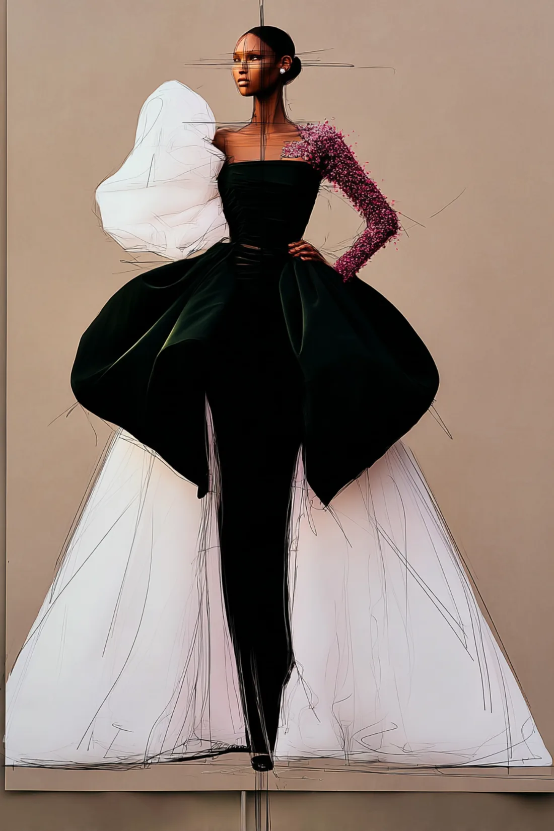 Design study of a black velvet gown with a sculptural white ruffle