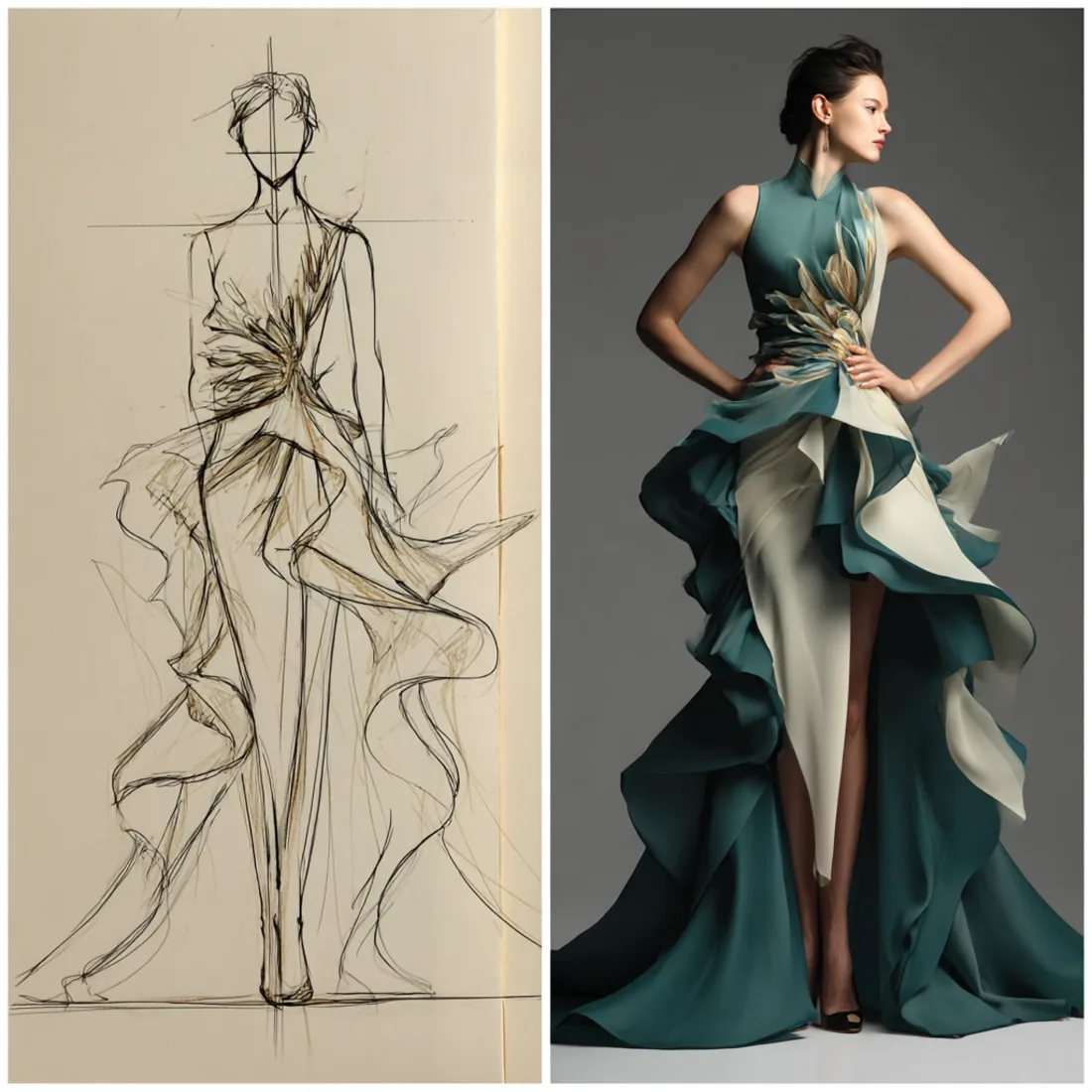A pencil sketch beside a rendering of a teal draped gown