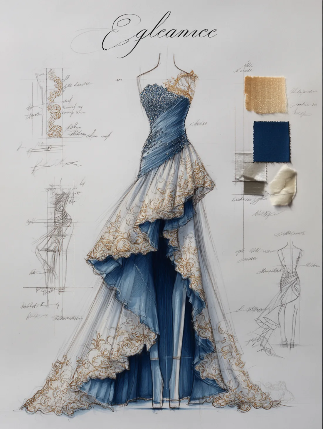 An annotated design sheet of a blue gown with swatches