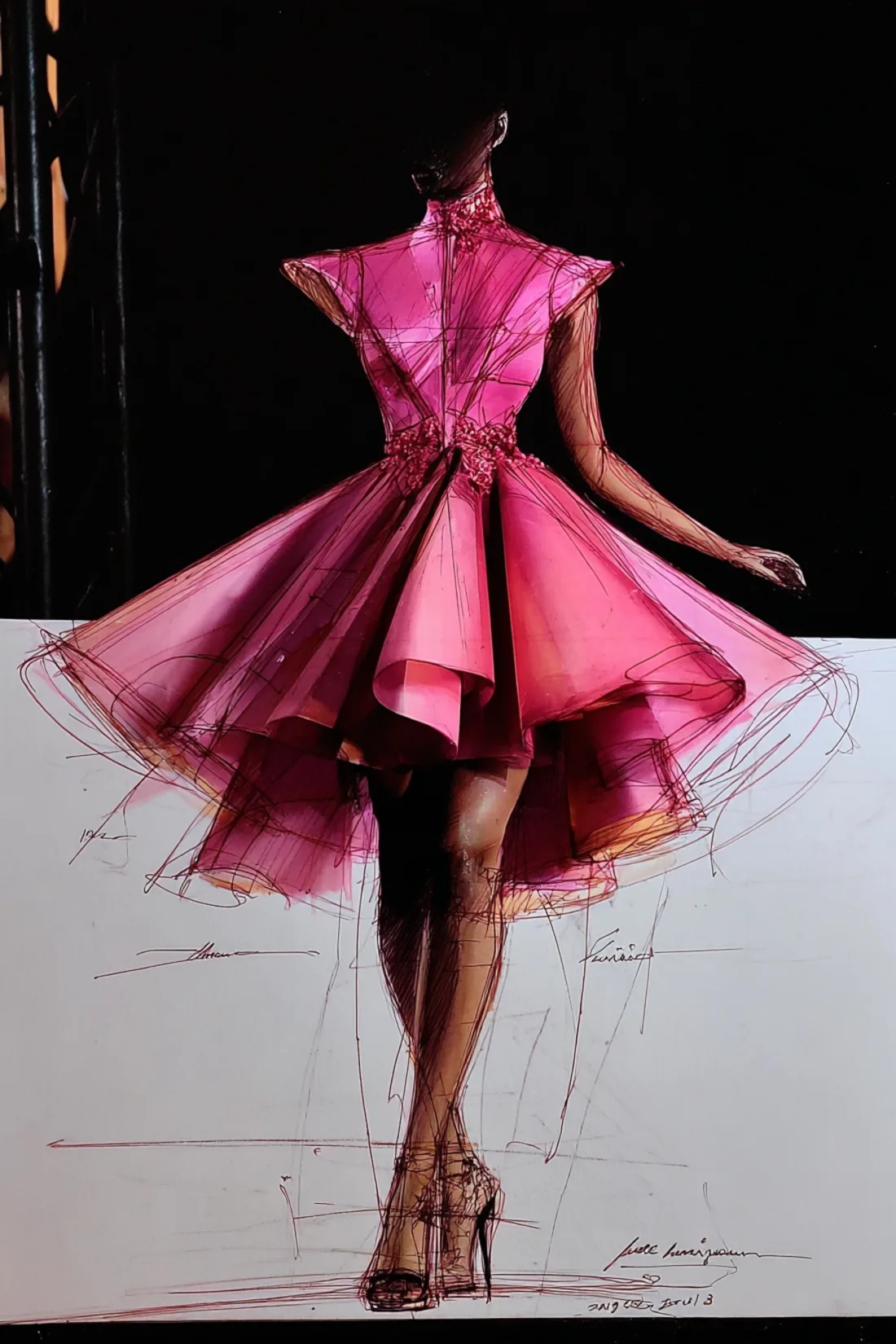 A pink flared dress, drawn over the photograph