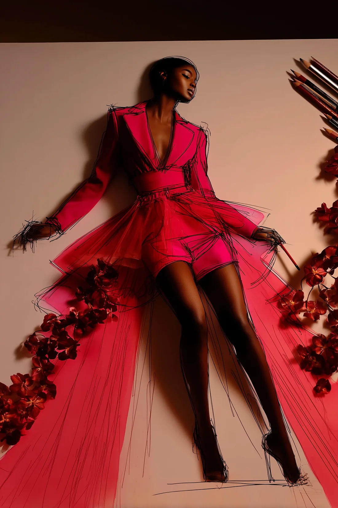 A pink tailored set with tulle, sketched over a photograph with roses